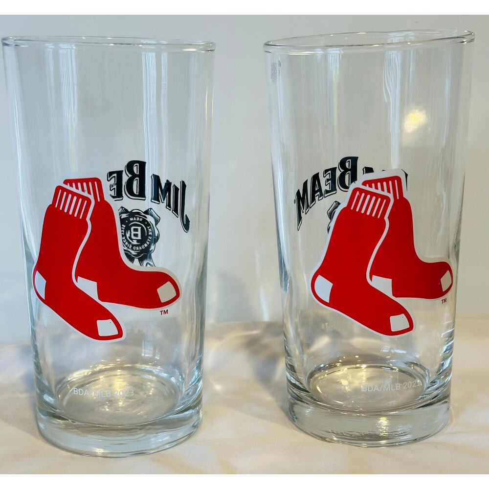 Jim Beam Red Sox Bourbon Whiskey Highball Glass Baseball 6”tall Set of 2 Sports